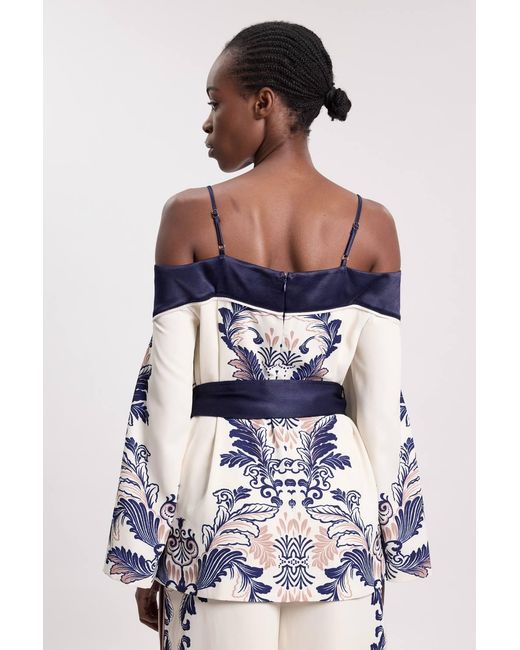 Karen Millen Blue Scarf Print Belted Woven Bardot Top