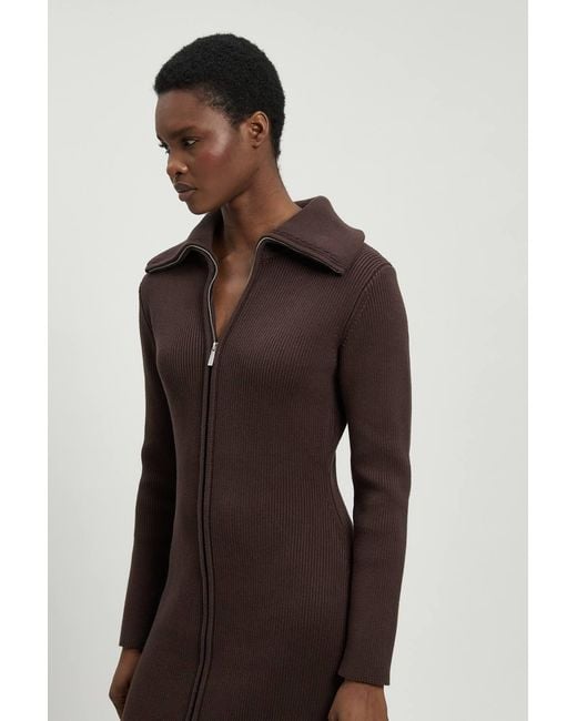 Karen Millen Brown Cotton Zip Through Collar Knitted Midi Dress