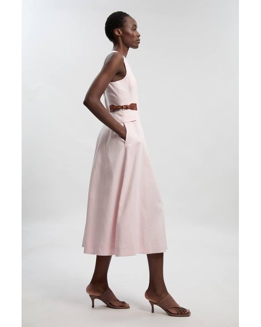 Karen Millen Pink Tailored Linen Tab Waist Detail Full Skirt Midi Dress