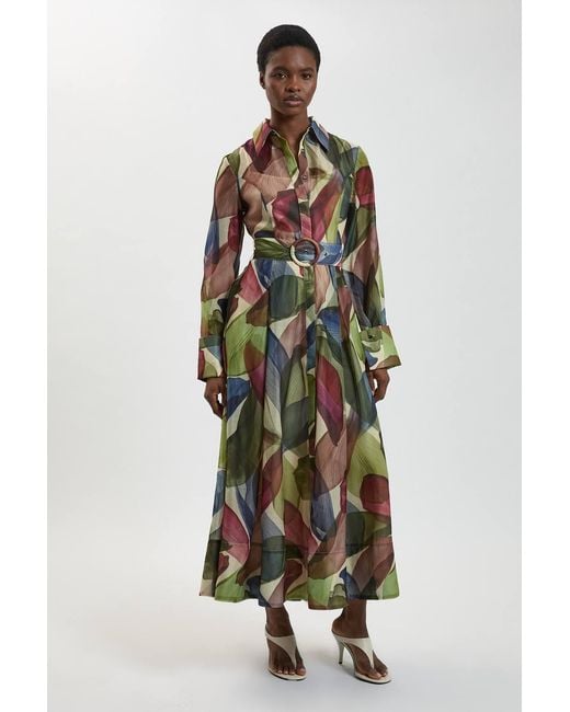 Karen Millen White Petal Print Organza Maxi Shirt Dress