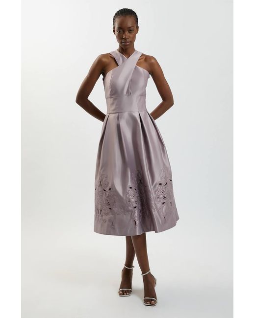Karen Millen Multicolor Tailored Satin Cutwork Halter Midi Dress