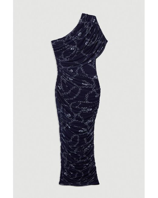 Karen Millen Blue Chain Print Mesh One Shoulder Midi Dress