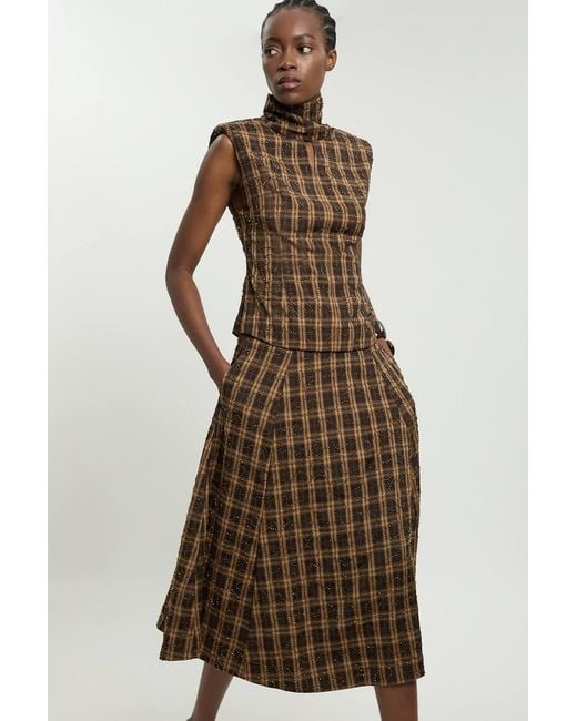 Karen Millen Natural Beaded Check Print Midi Skirt