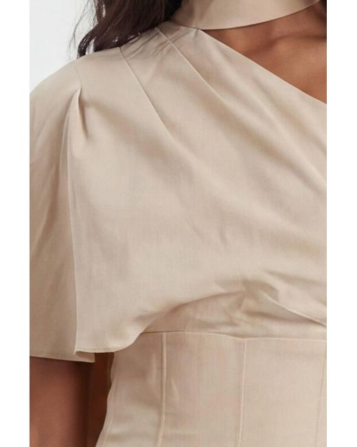 Karen Millen Natural Premium Tailored Linen High Neck One Shoulder Wide Leg Jumpsuit