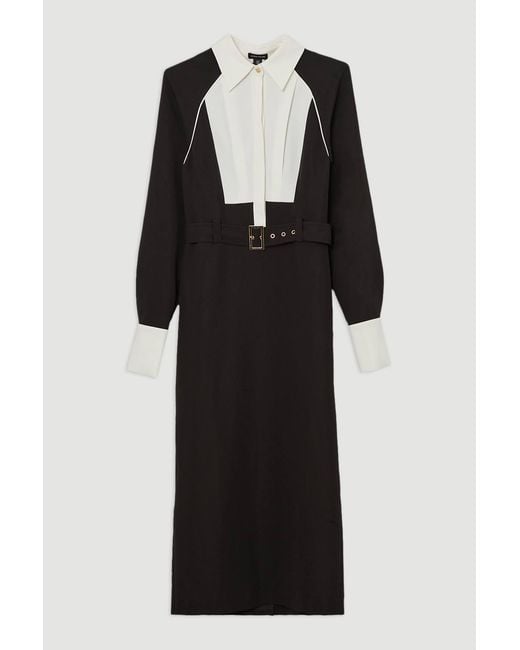 Karen Millen Black Petite Twill Contrast Collar Woven Maxi Dress