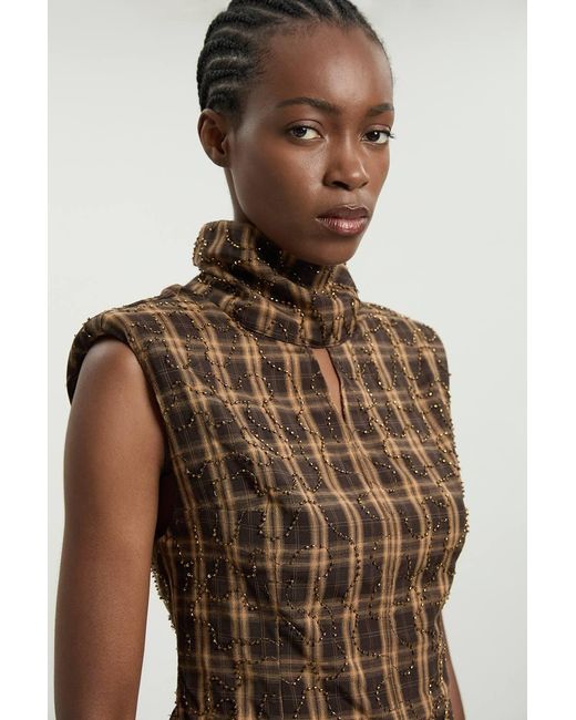 Karen Millen Brown Beaded Check Print High Neck Top