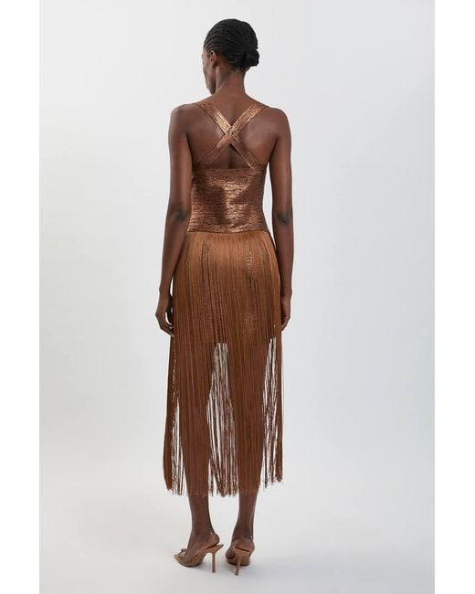 Karen Millen Brown Foil Metallic Figure Form Bandage Fringed Knit Maxi Dress