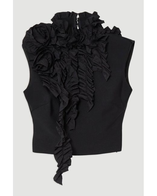 Karen Millen Black Figure Form Bandage Knit Woven Rosette Detail Top