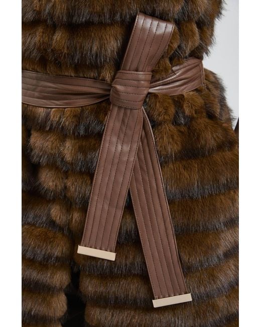 Karen Millen Brown Tipped Faux Fur Panelled Belted Gilet