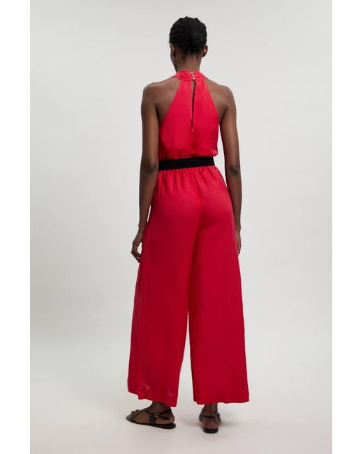 Karen Millen Red Viscose Linen Belted Halterneck Woven Jumpsuit