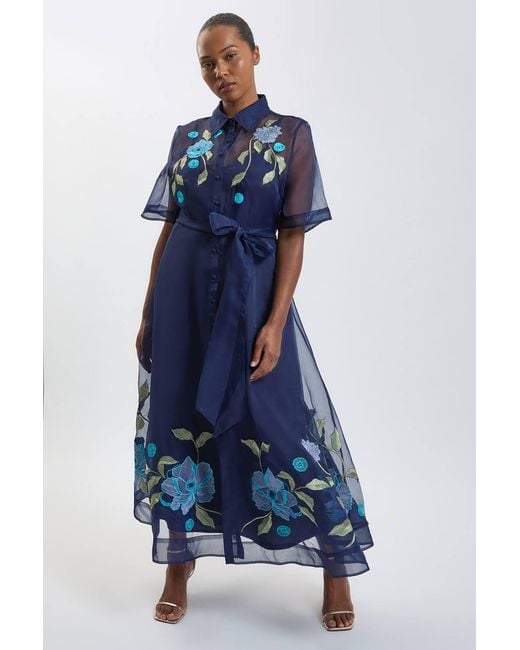 Karen Millen Blue Plus Size Embellished Detail Organdie Belted Shirt Dress