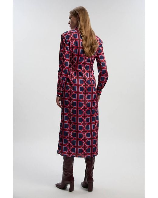 Karen Millen Geo Print Hammered Satin Tie Waist Woven Midi Dress