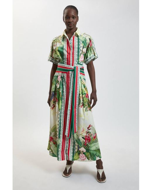 Karen Millen White Cotton Sateen Floral Woven Belted Maxi Shirt Dress