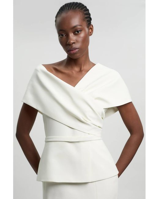 Karen Millen White Compact Viscose Stretch Tailored Peplum Midi Dress