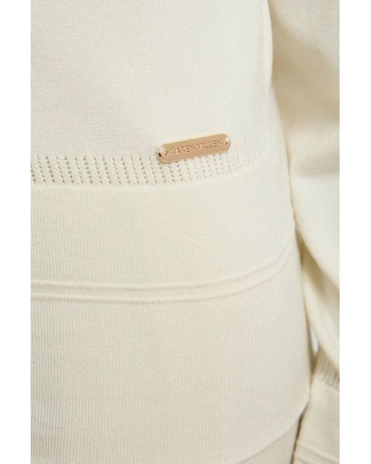 Karen Millen Natural Forever Viscose Blend Knitted Stitch Detail Balloon Sleeve Cardigan Sweater