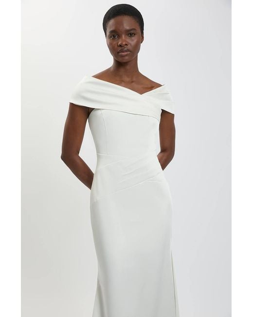 Karen Millen White Petite Tailored Satin Drape Asymmetric Maxi Fishtail Dress