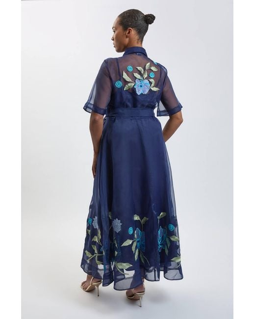 Karen Millen Blue Plus Size Embellished Detail Organdie Belted Shirt Dress