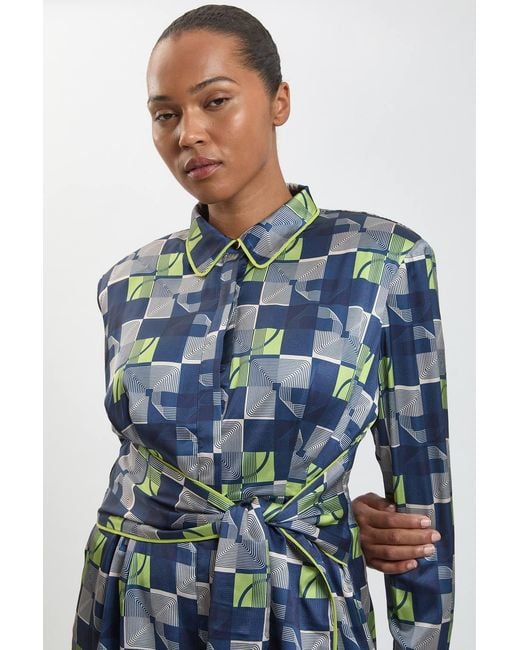 Karen Millen Blue Plus Size Geo Print Hammered Satin Tie Waist Woven Midi Dress
