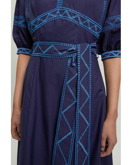 Karen Millen Blue Embroidered Detail Belted Midi Dress