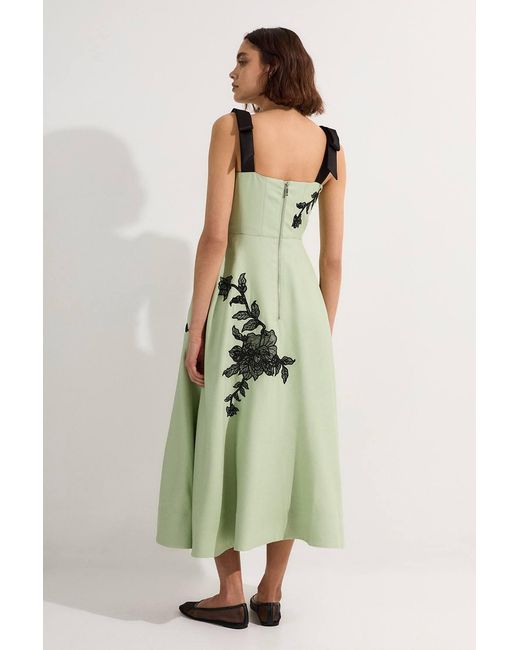 Karen Millen Green Viscose Linen Placed Floral Lace Embroidered Strappy Midi Dress