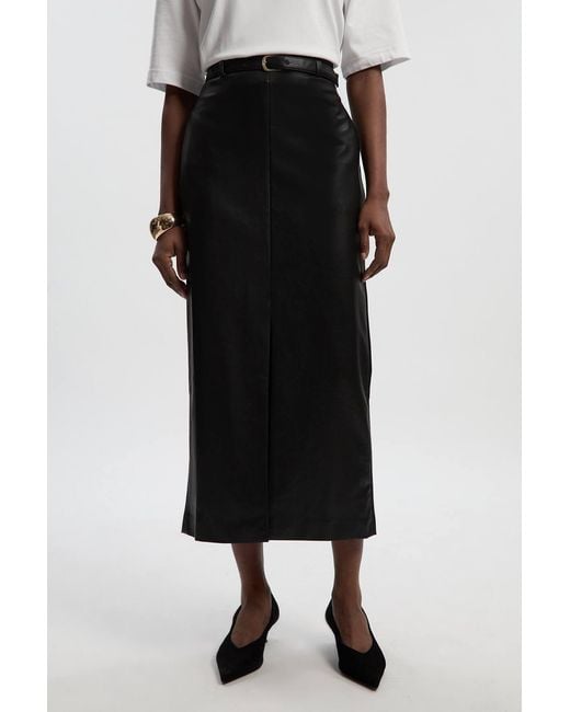 Karen Millen Black Faux Leather Tailored Midi Pencil Skirt