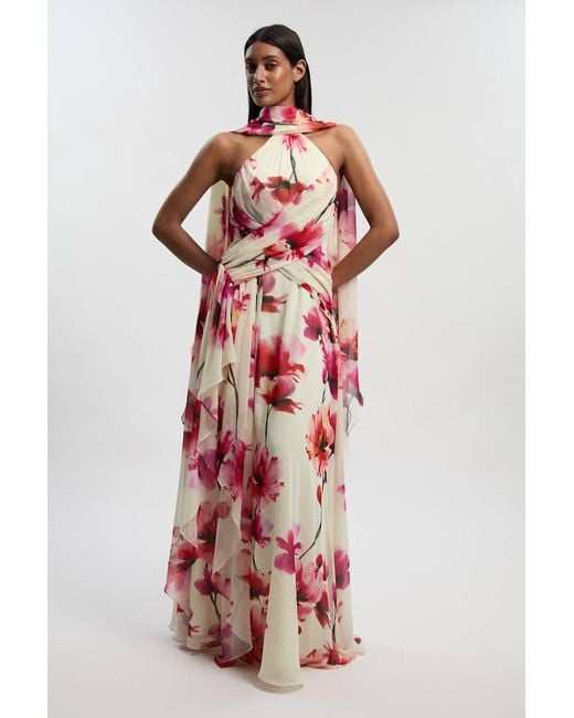 Karen Millen Red Floral Print Crinkle Cross Front Georgette Woven Maxi Dress