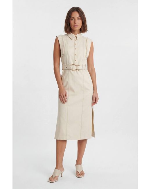 Karen Millen White Tailored Top Stitch Detail Belted Midi Dress