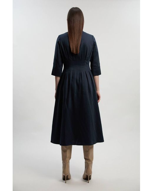 Karen Millen Blue Tailored Linen Darted Waist Midi Dress