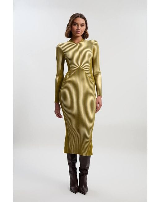 Karen Millen Green Stripe Fitted Long Sleeve Knitted Midi Dress