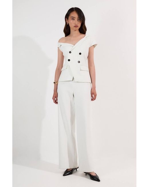 Karen Millen White Compact Stretch Asymmetric Collar Wide Leg Tailored Jumpsuit