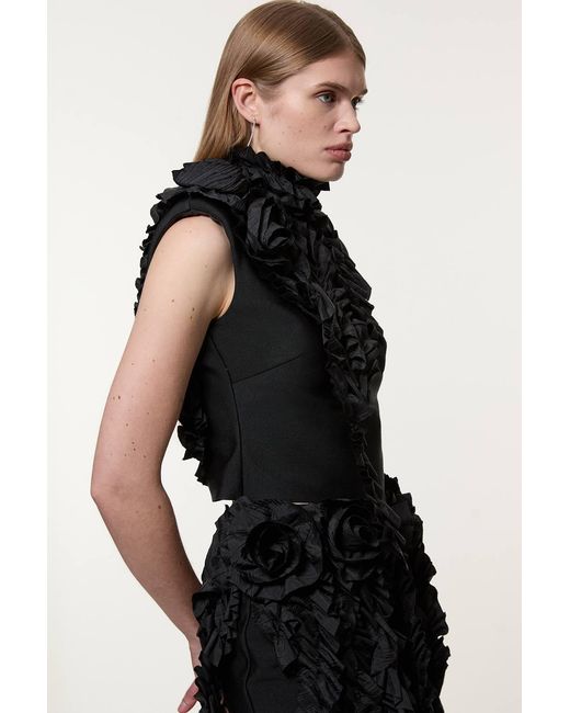 Karen Millen Black Figure Form Bandage Knit Woven Rosette Detail Top