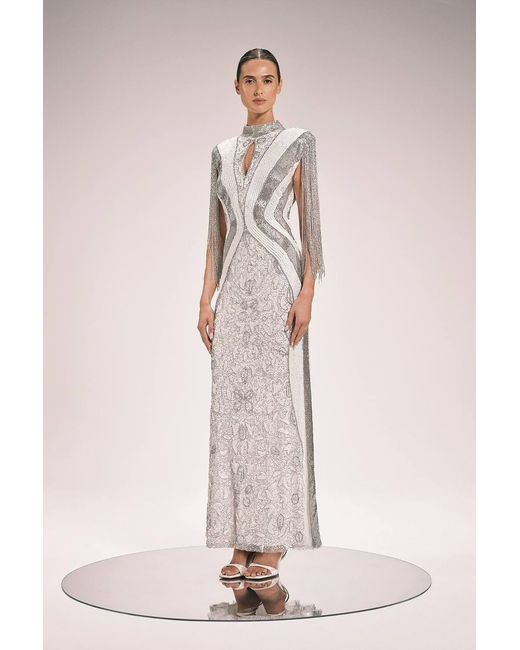 Karen Millen Pink Premium Embellished Tassel Sleeve Woven Maxi Dress