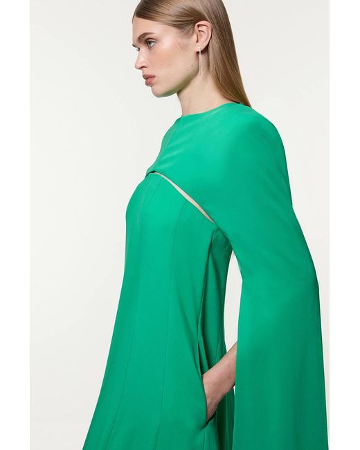 Karen Millen Green Premium Bonded Viscose Crepe Detachable Cape Woven Maxi Dress