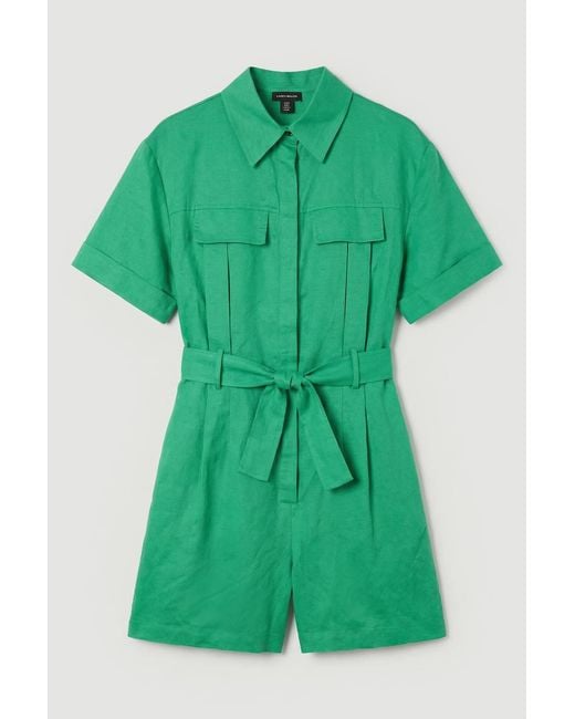 Karen Millen Green Viscose Linen Woven Belted Playsuit