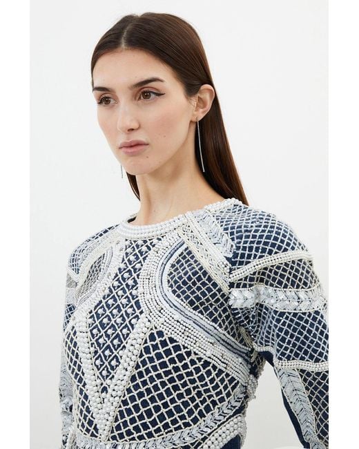 Karen Millen Blue Embellished Pearl Long Sleeve Mini Dress