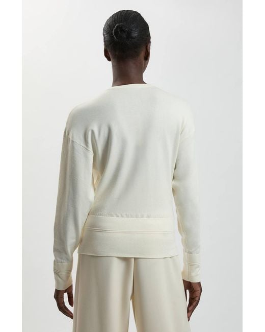 Karen Millen Natural Forever Viscose Blend Knitted Stitch Detail Balloon Sleeve Cardigan Sweater