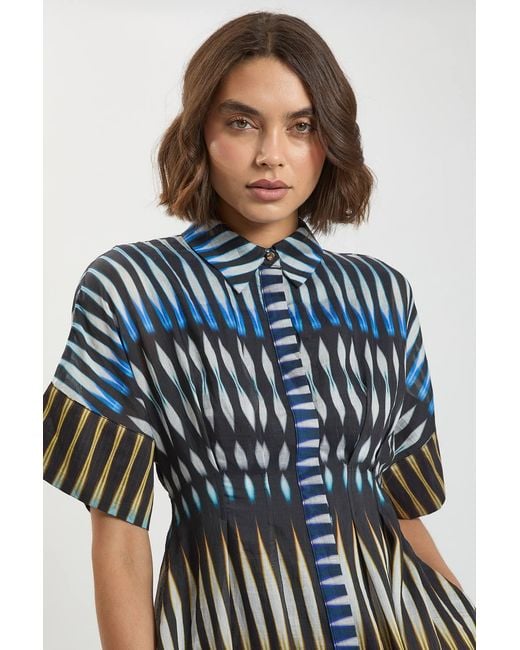 Karen Millen Blue Stripe Collared Woven Midi Dress