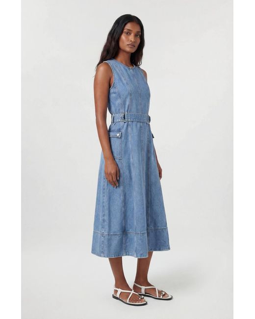 Karen Millen Blue Denim Dropped Waist Full Skirted Midi Dress