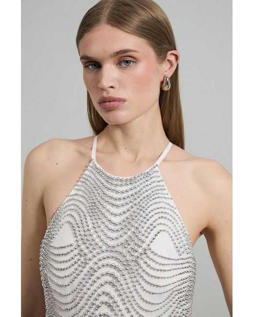 Karen Millen Gray Embellished Geo Halter Woven Jumpsuit