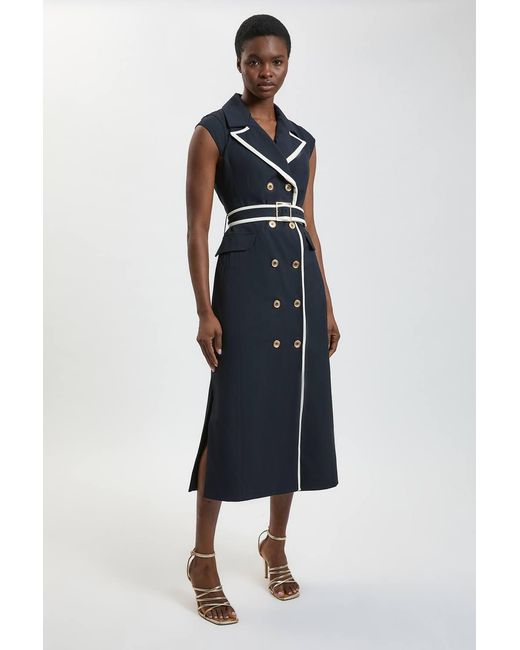 Karen Millen Blue Compact Stretch Double Breasted Belted Tipped Tailored Midi Dress