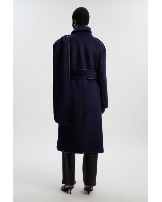 Karen Millen Blue Brushed Wool Pu Mix Scarf Neck Belted Tailored Maxi Coat