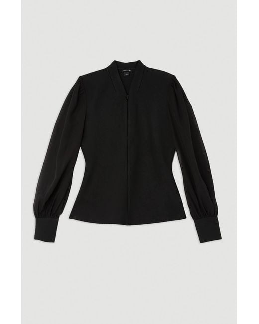 Karen Millen Black Bandage Figure Form Zip Detail Chiffon Sleeve Knit Top