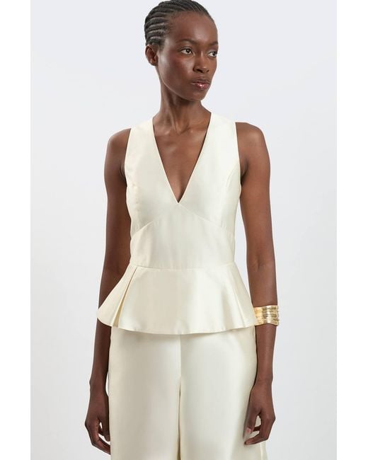 Karen Millen White Satin Twill Peplum Wide Leg Jumpsuit