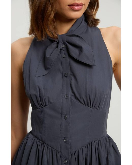 Karen Millen Blue Cotton Poplin Tie Neck Midi Dress