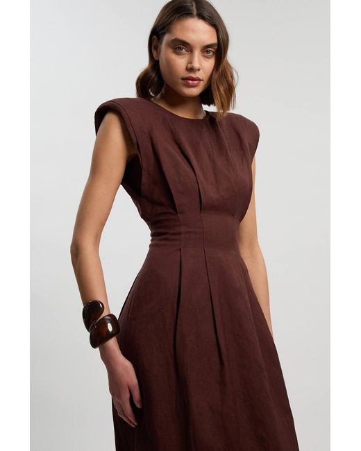 Karen Millen Brown Viscose Linen Woven Pintuck Midi Dress