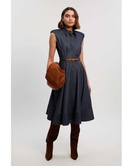 Karen Millen Blue Denim Tailored Belted Collared Full Midi Dress