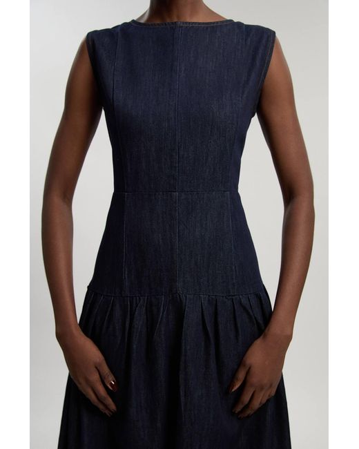 Karen Millen Blue Petite Denim Dropped Waist Full Skirted Midi Dress