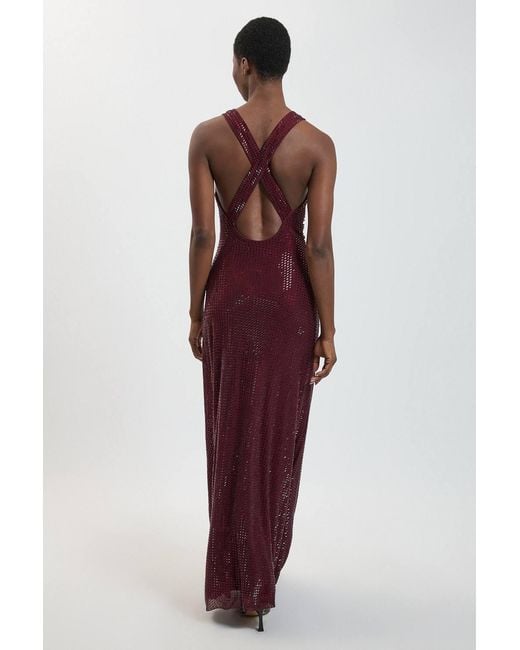 Karen Millen Red Premium Crystal Embellished Cross Back Maxi Dress