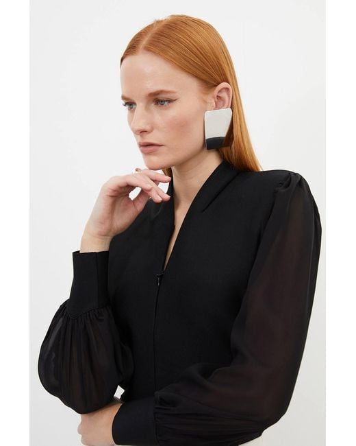 Karen Millen Black Bandage Figure Form Zip Detail Chiffon Sleeve Knit Top