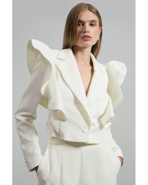 Karen Millen Gray Drama Ruffle Tailored Single Breasted Cropped Blazer